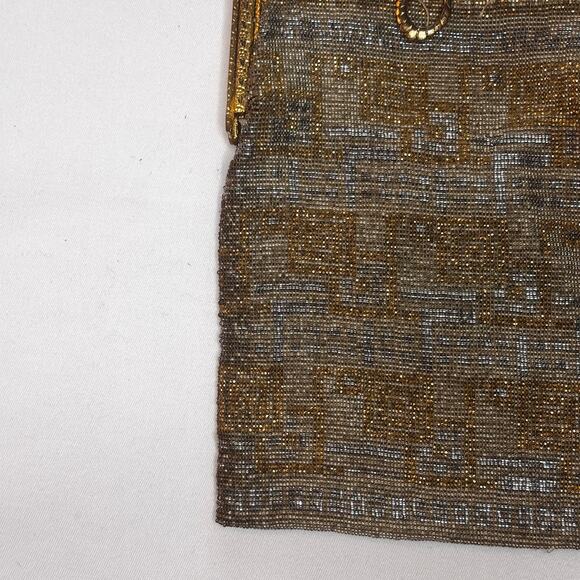 Antique 1900s French Micro-Steel Seed Bead Purse Gold Toned Metal Frame AS IS - Picture 11 of 14